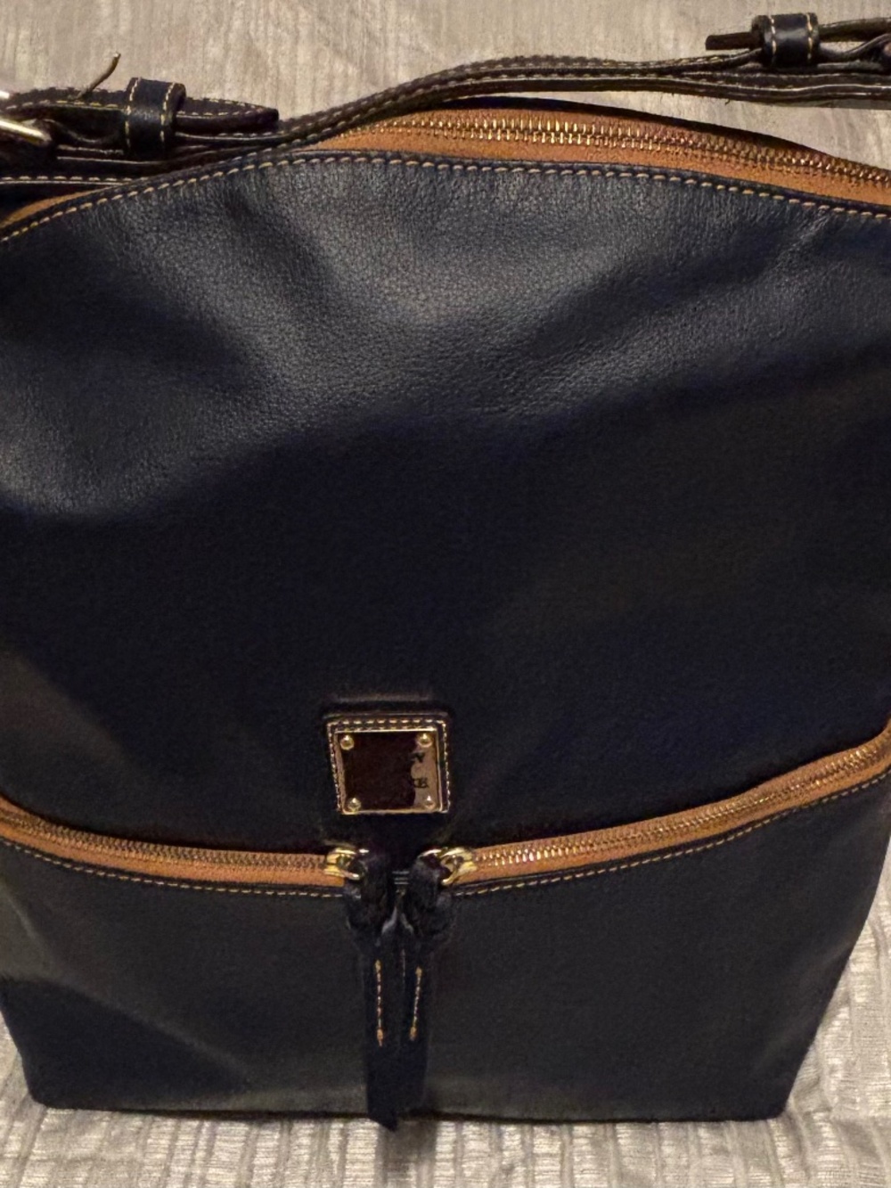 Dooney & Bourke Deep Navy Blue Leather Shoulder Bag Brown Trim